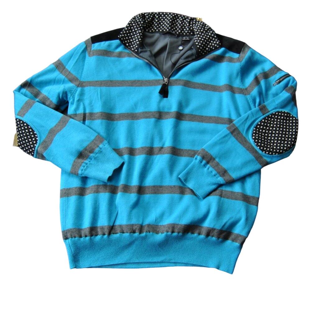 Abacus Lined Quarter Zip Sweater Blue w/ Gray Stripes Large
